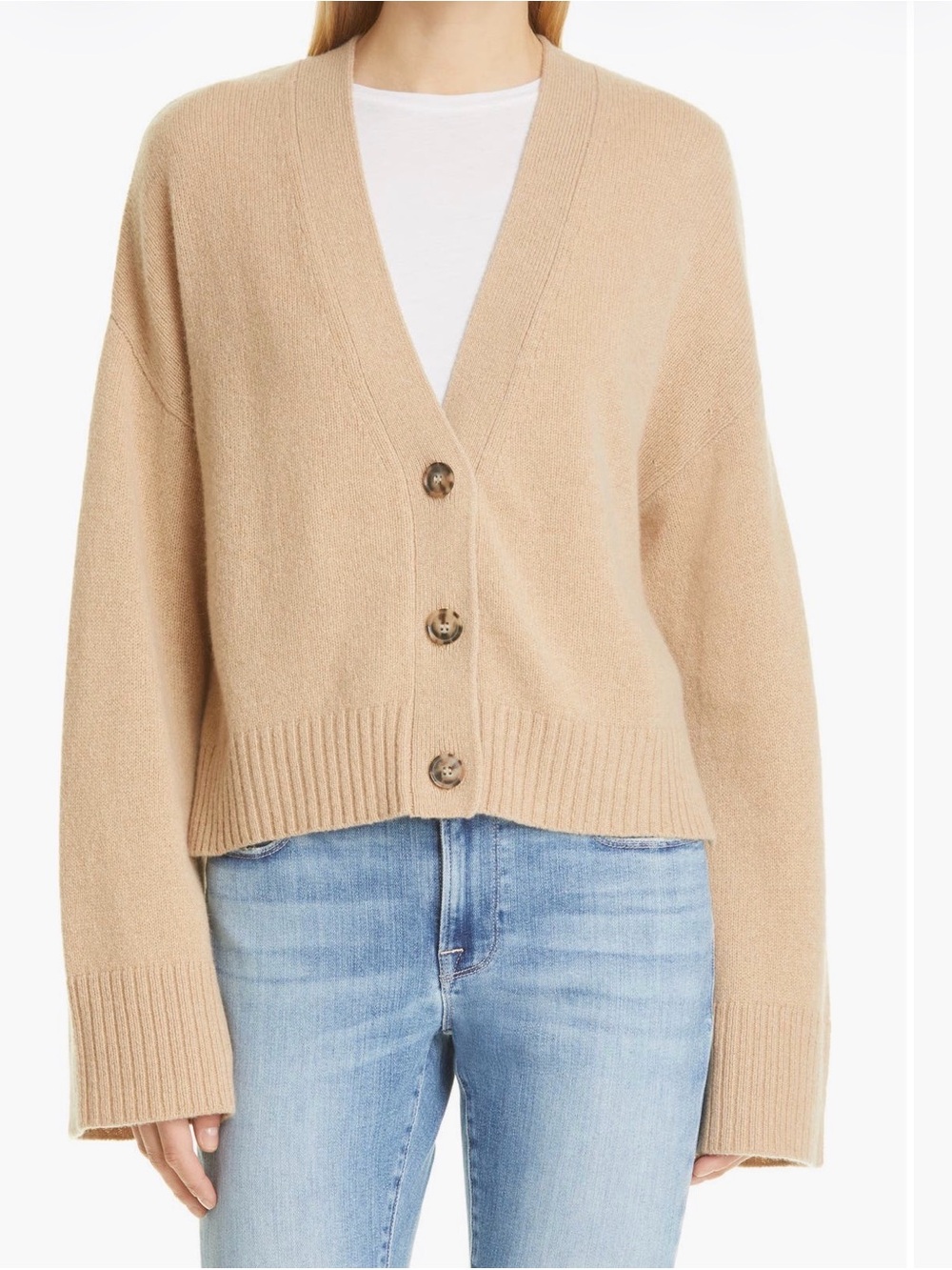 Frame Wool/Cashmere Cropped Button-Front V-Neck Cardigan - M